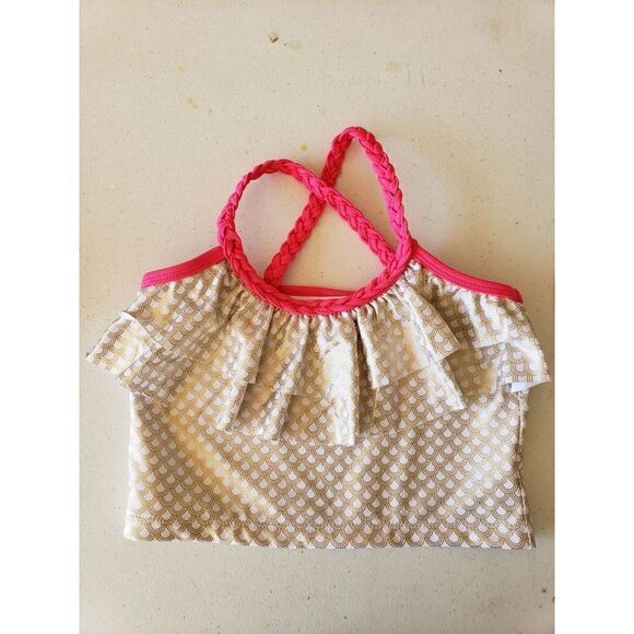 Girls Tankini Criss Cross Halter Ruffle Pink Gold Scallops Swim Top Large NWT - Picture 6 of 9